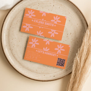 Retro Orange Pink QR Code 70s Groovy Floral Girly Business Card
