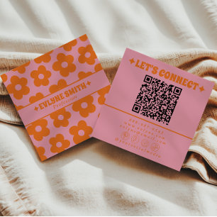 Retro Orange Pink QR Code Groovy Floral Trendy Fun Square Business Card