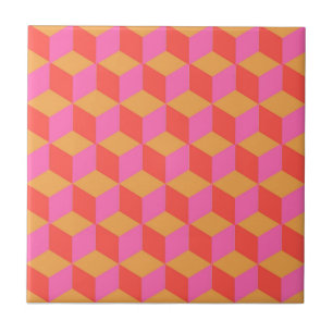 Retro Orange Pink Square Cube Geometric Pattern Tile
