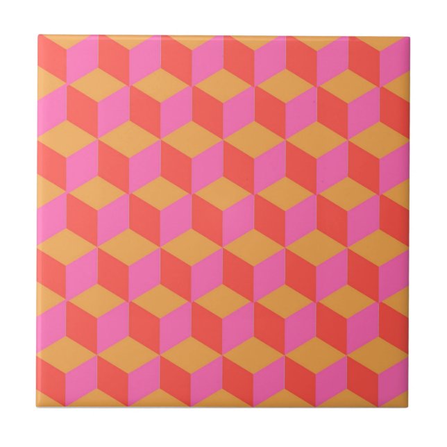 Retro Orange Pink Square Cube Geometric Pattern Tile (Front)