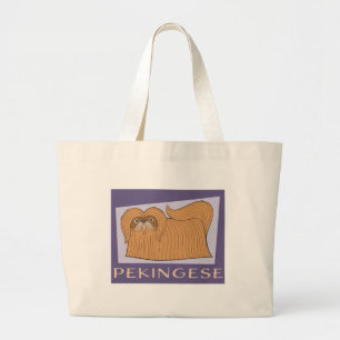 Retro Orange & Purple Cartoon Style Pekingese Dog Large Tote Bag