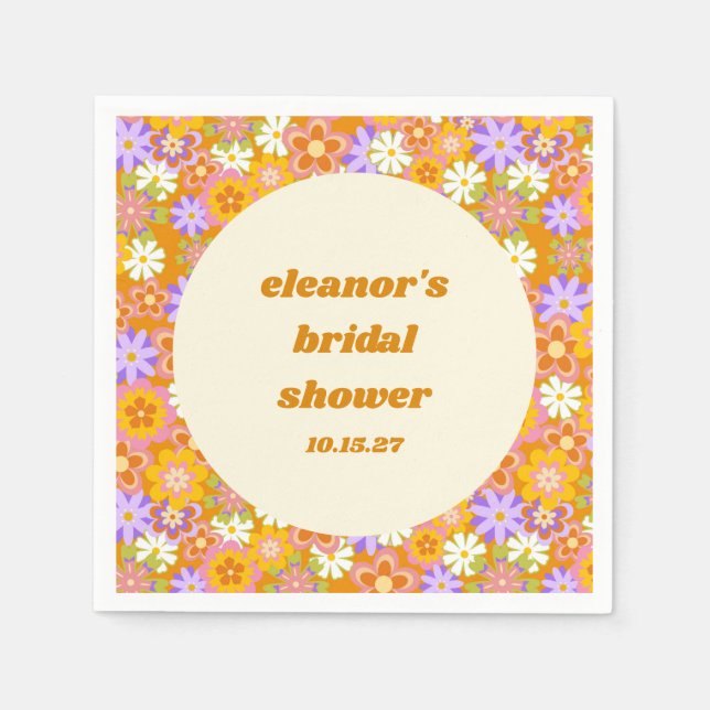 Retro Orange Purple Floral Custom Bridal Shower Napkin (Front)