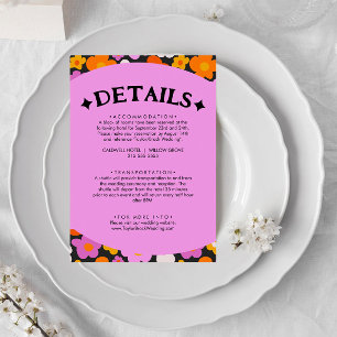 Retro Orange Purple Floral Groovy Wedding Details  Enclosure Card