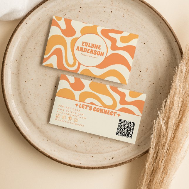 Retro Orange QR Code 70s Boho Groovy Funky Trendy Business Card (Creator Uploaded)