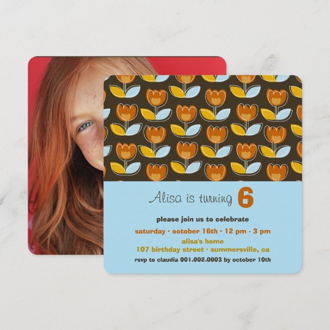 Retro Orange Tulips Fun Photo Girl Birthday Party Invitation (Front/Back)