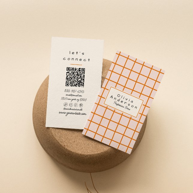 Retro Orange Wavy Chequered Trendy Boho QR Code Business Card (Creator Uploaded)