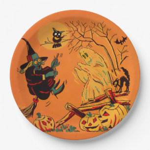 Retro Orange Witch Halloween  Paper Plate