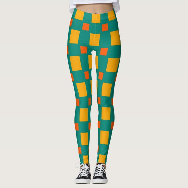 Retro Orange Yellow Blue Squares Pattern Leggings (Front)