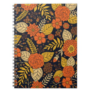 Retro Orange, Yellow, Brown, & Navy Floral Pattern Notebook