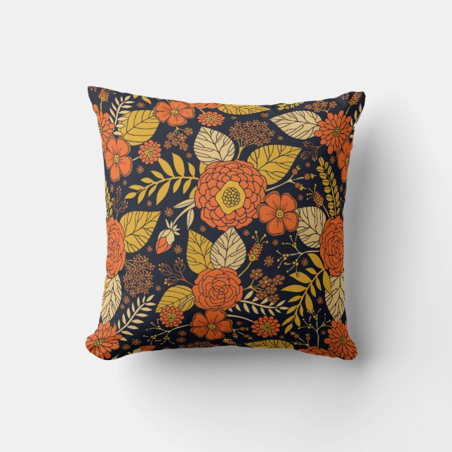 Retro Orange, Yellow, Brown, & Navy Floral Pattern Throw Pillow (Front)