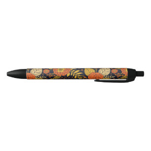 Retro Orange, Yellow & Navy Floral Black Ink Pen