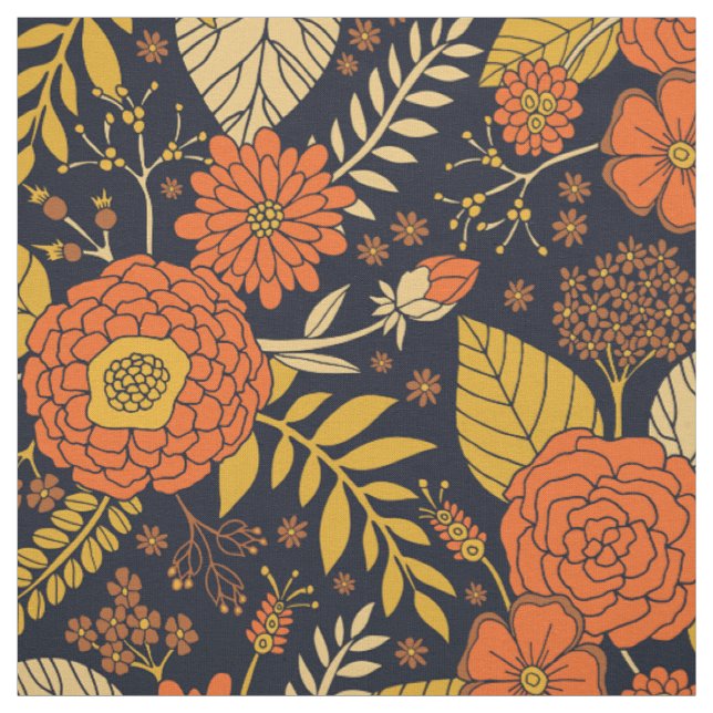 Retro Orange, Yellow & Navy Floral  Fabric (Swatch)