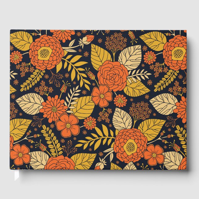 Retro Orange, Yellow & Navy Floral  Guest Book (Front)