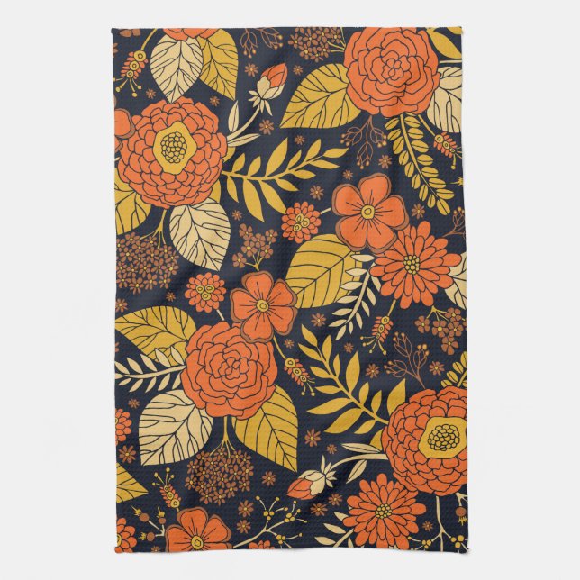 Retro Orange, Yellow & Navy Floral  Kitchen Towel (Vertical)