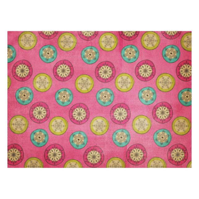 Retro Orb Snowflakes on Pink Tablecloth (Front (Horizontal))