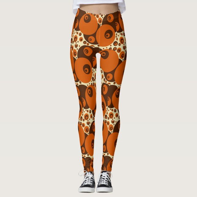 Retro Orbs Dots '60s'70s Orange Brown Beige Design Leggings (Front)