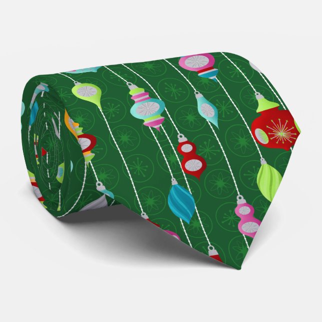 Retro Ornaments Green Christmas Tie (Rolled)
