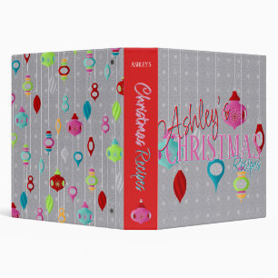 Retro Ornaments Grey Christmas Recipe Binder