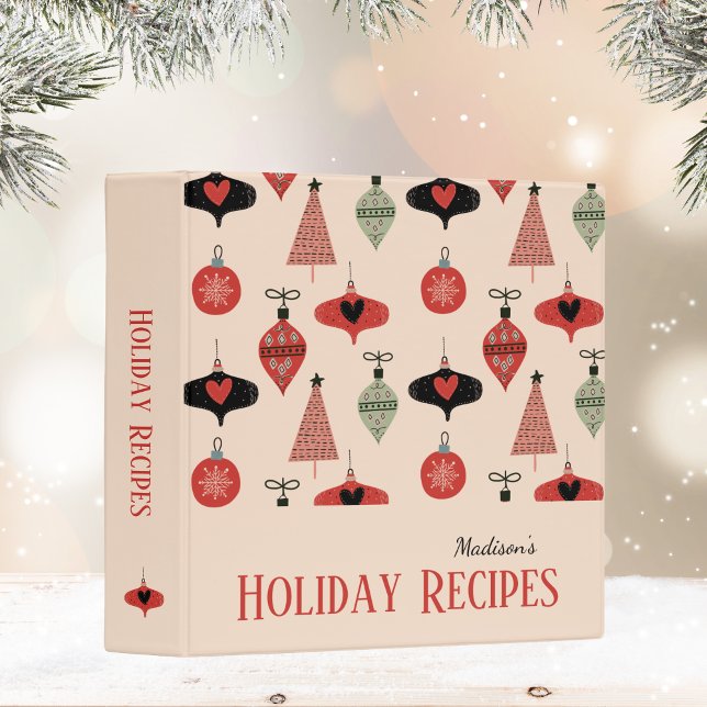 Retro Ornaments Holiday Christmas Recipe Binder (Store festive recipes in style with this mid-century Christmas binder—personalize it!)