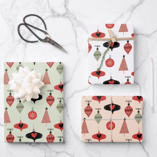 Retro Ornaments Holiday Wrapping Paper (Front)