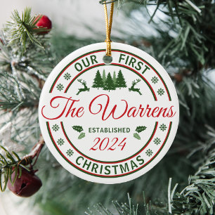 Retro Our First Christmas Weddings Married Name Ceramic Ornament