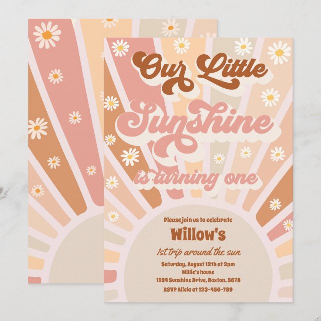 Retro Our Little Sunshine 1st Birthday Party Invitation (Front/Back)