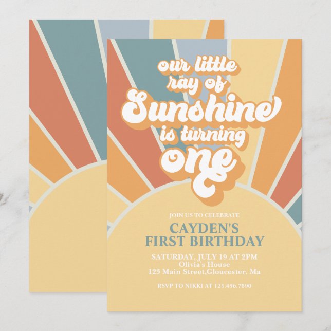 Retro Our Little Sunshine Boy First Birthday Invitation (Front/Back)