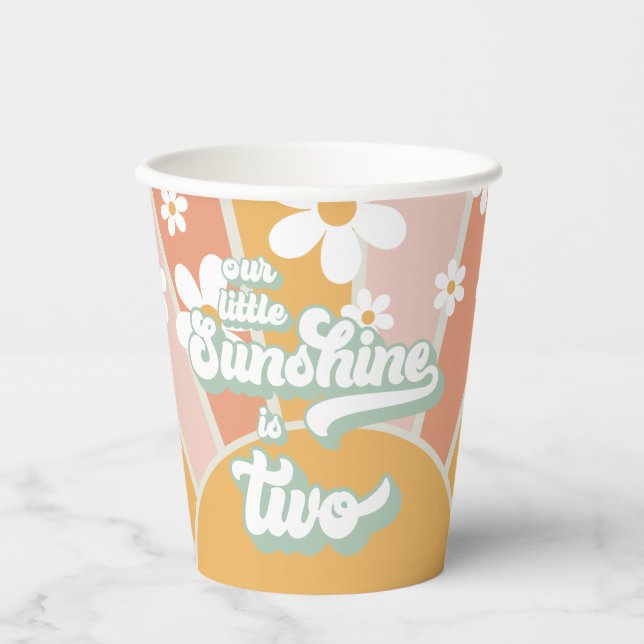 Retro Our Little Sunshine is Two Daisy Birthday Paper Cups (Front)