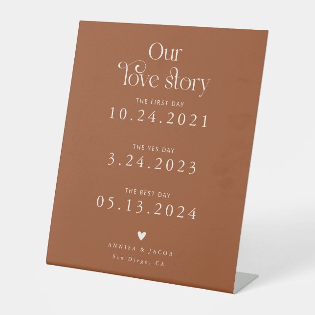 Retro Our Love Story Terracotta Wedding Timeline Pedestal Sign (Front)