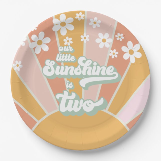 Retro Our Sunshine is two daisy boho Paper Plates (Front)