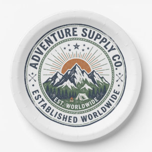 Retro Outdoor Adventure Mountain Emblem Paper Plate