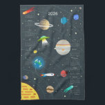 Retro Outer Space 2026 Calendar Kitchen Towel<br><div class="desc">This kitchen towel has a retro outer space themed design with a full year 2026 calendar incorporated in the design. The design has all of our solar planets including poor Pluto in the back. There is a earth rocket ship heading off to mars and an alien UFO abducting a cow....</div>