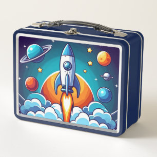 Retro, outer space rocket metal lunch box