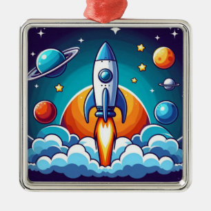 Retro, outer space rocket metal ornament