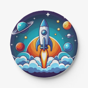Retro, outer space rocket paper plate