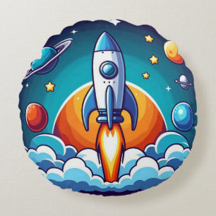 Retro, outer space rocket round pillow