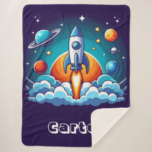 Retro, outer space rocket sherpa blanket