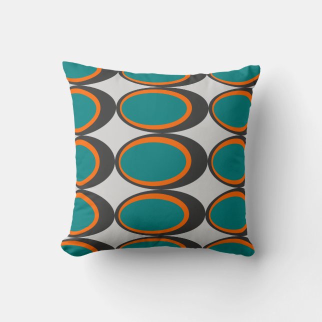Retro Oval Print - Teal, Orange and Dark Grey Throw Pillow (Front)