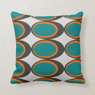 Retro Oval Print - Teal, Orange and Dark Grey Throw Pillow