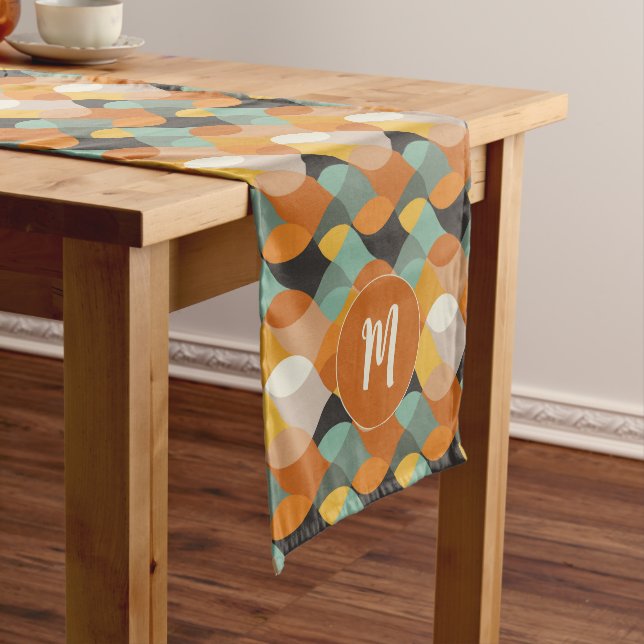Retro Oval Shapes Orange Teal Gold Monogram Medium Table Runner (In Situ)