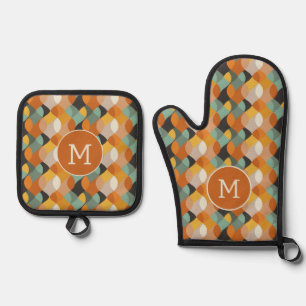 Retro Oval Shapes Orange Teal Gold Monogram  Oven Mitt & Pot Holder Set