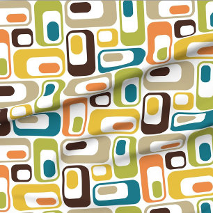 Retro Ovals white mustard teal orange green brown  Fabric