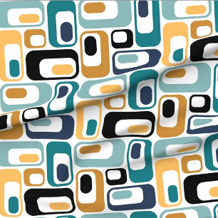 retro ovals white teal mustard black aqua indigo fabric