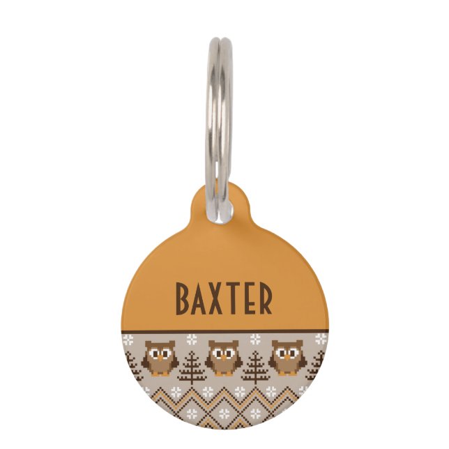 Retro Owl Knitted Design Round Pet Tag (Front)