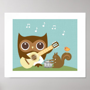 Retro Owl Singing Poster Print