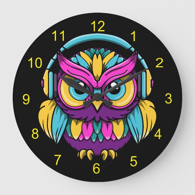 Retro Owl Wearing Headphones Large Clock (Front)