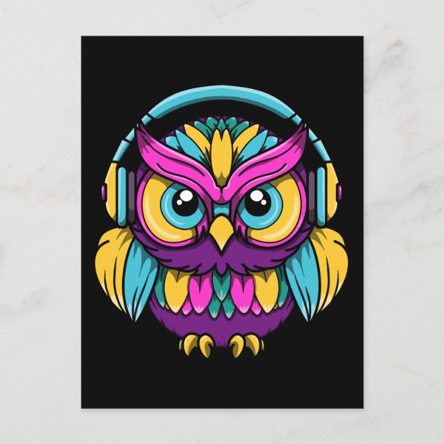 Retro Owl Wearing Headphones Postcard (Front)