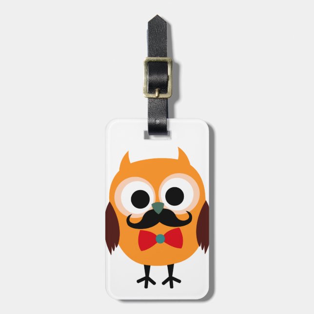 Retro Owl with Handlebar Moustache Moustache Luggage Tag (Front Vertical)