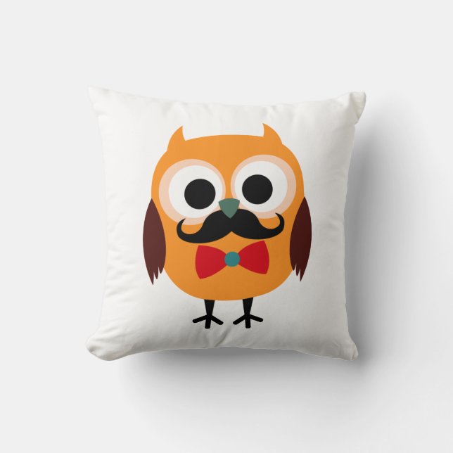 Retro Owl with Handlebar Moustache Moustache Throw Pillow (Front)