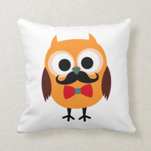 Retro Owl with Handlebar Moustache Moustache Throw Pillow